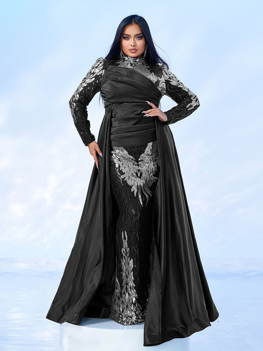 Stand Collar Fold Satin Sequin Dress