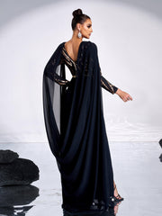 Black Panel Backless Mesh Cape Prom Dress