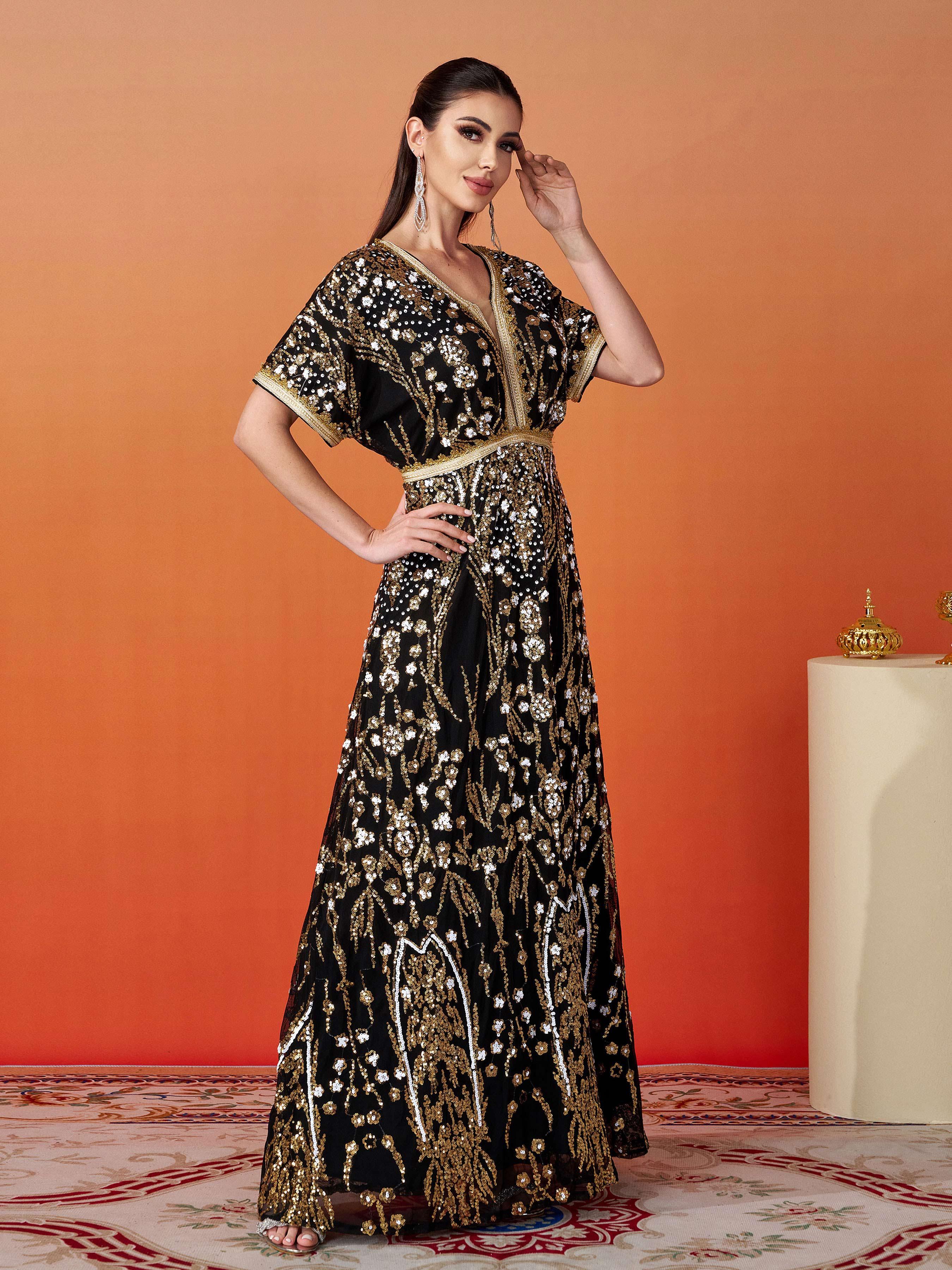 Short Sleeve A-Line Sequin Maxi Dress