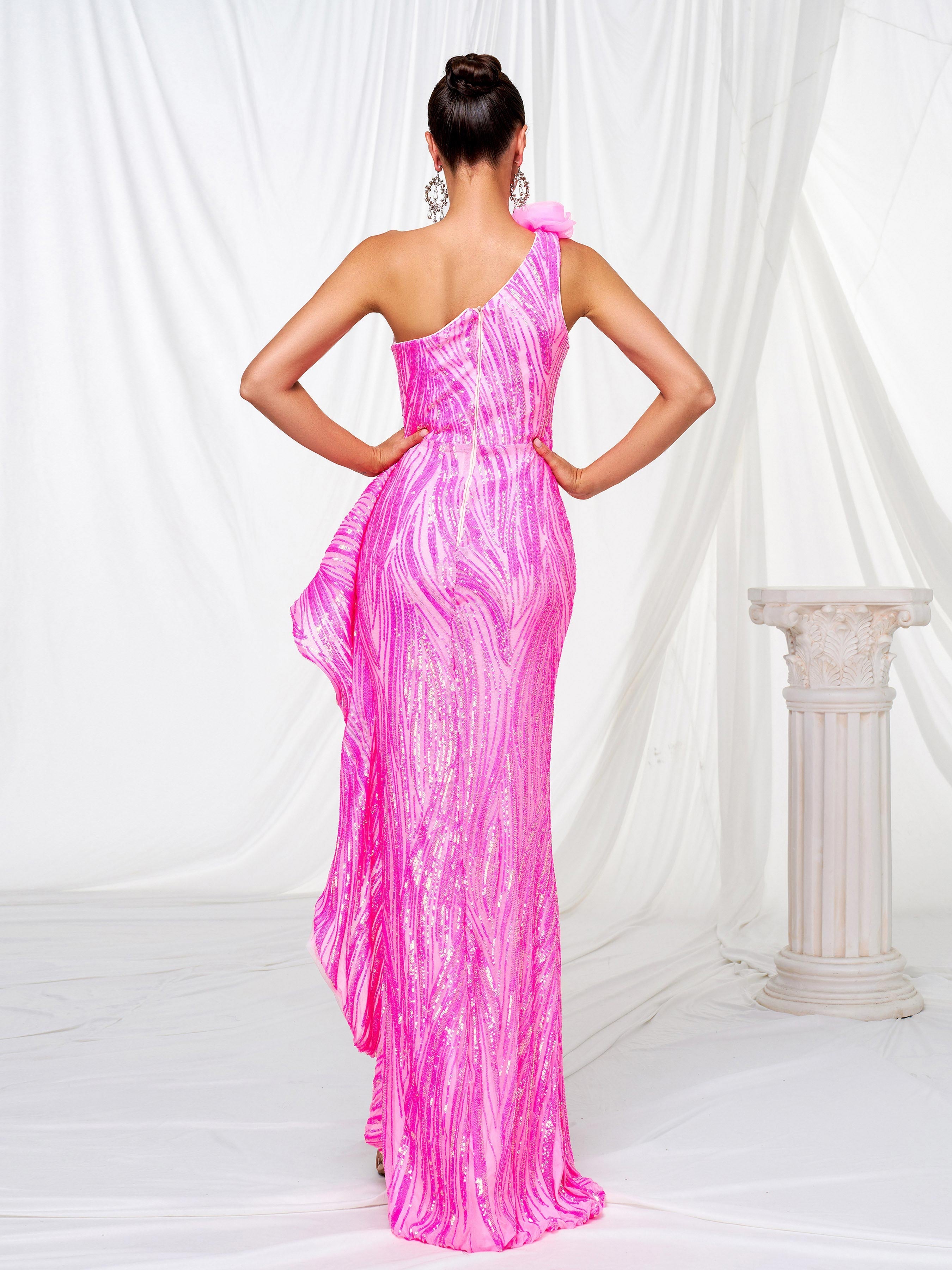 Appliqued One Shoulder Split Sequin Dress
