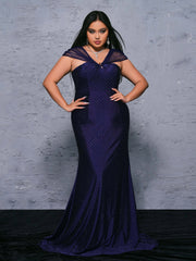 Plus Navy Polka Dots Mermaid Backless Prom Dress
