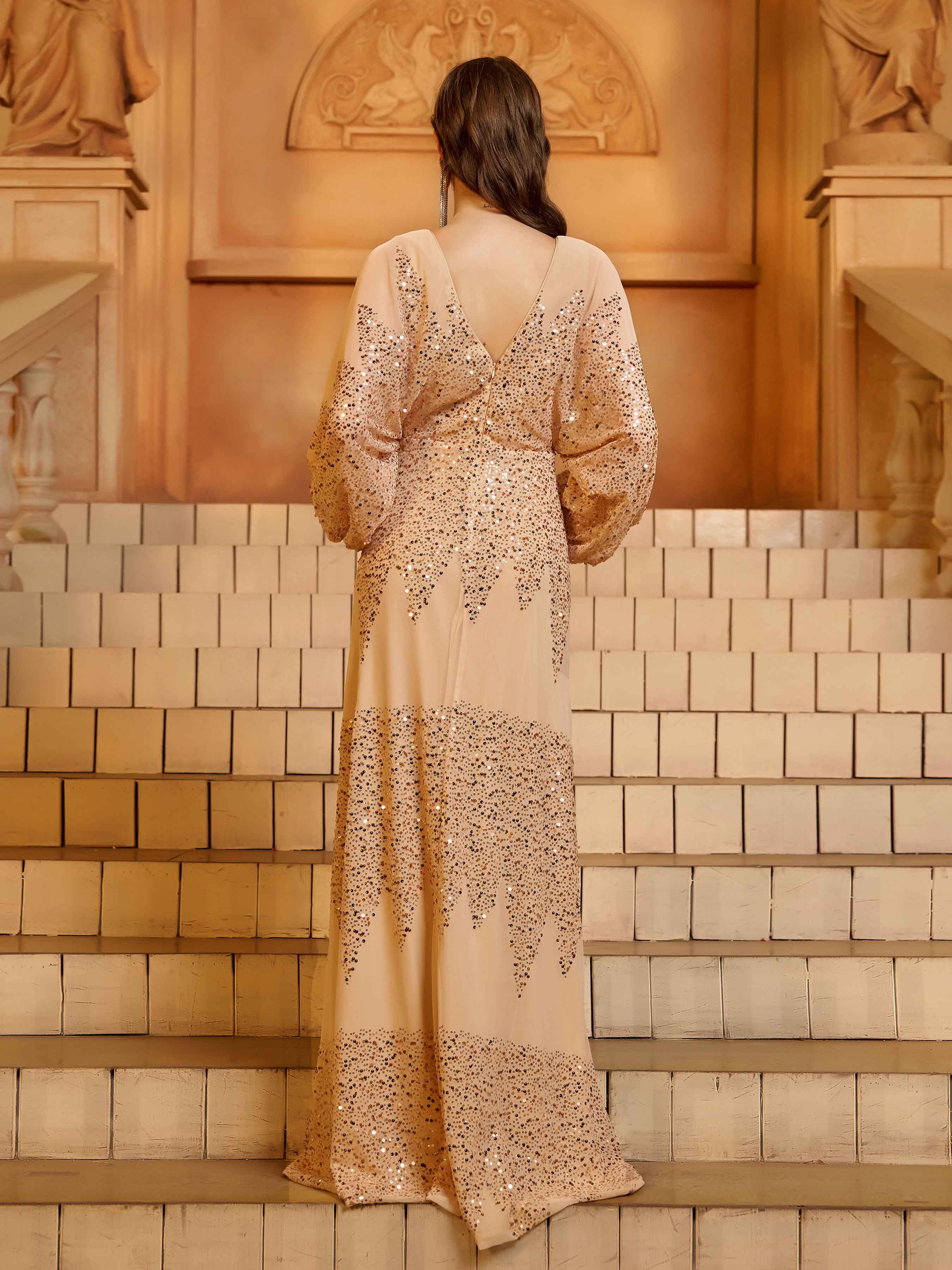 Apricot V-Neck Loose Sequin Prom Dress