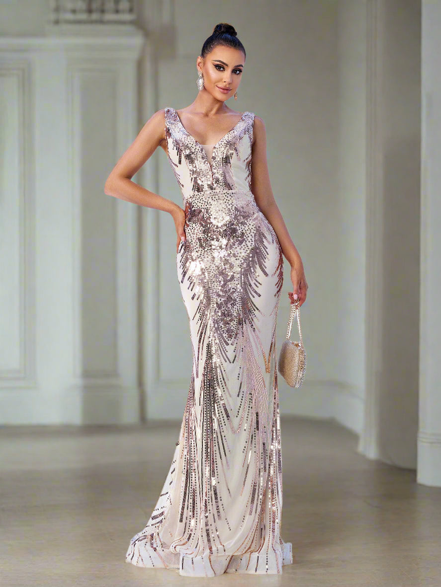 V-neck Sleeveless Mermaid Sequin Formal Dress