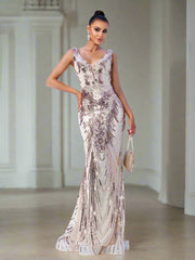V-neck Sleeveless Mermaid Sequin Formal Dress