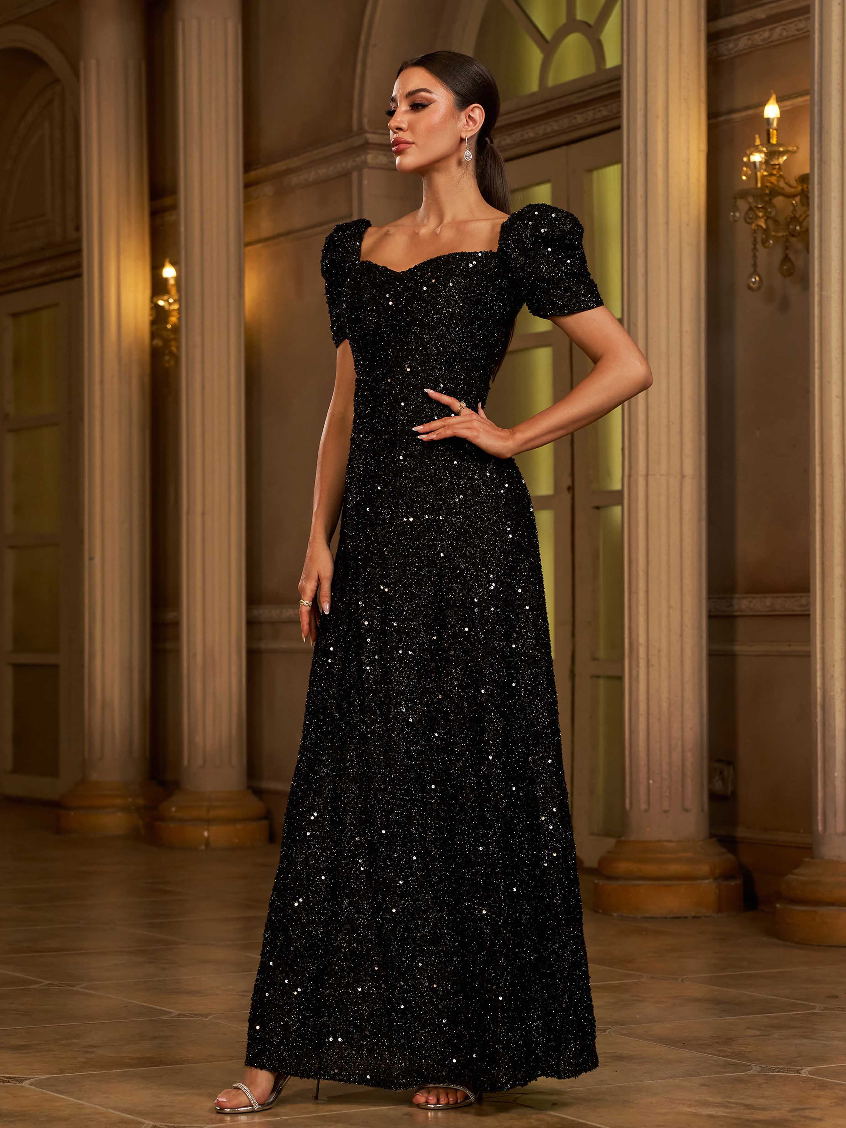 Light Yellow Puff Sleeve Sequin Maxi Dress