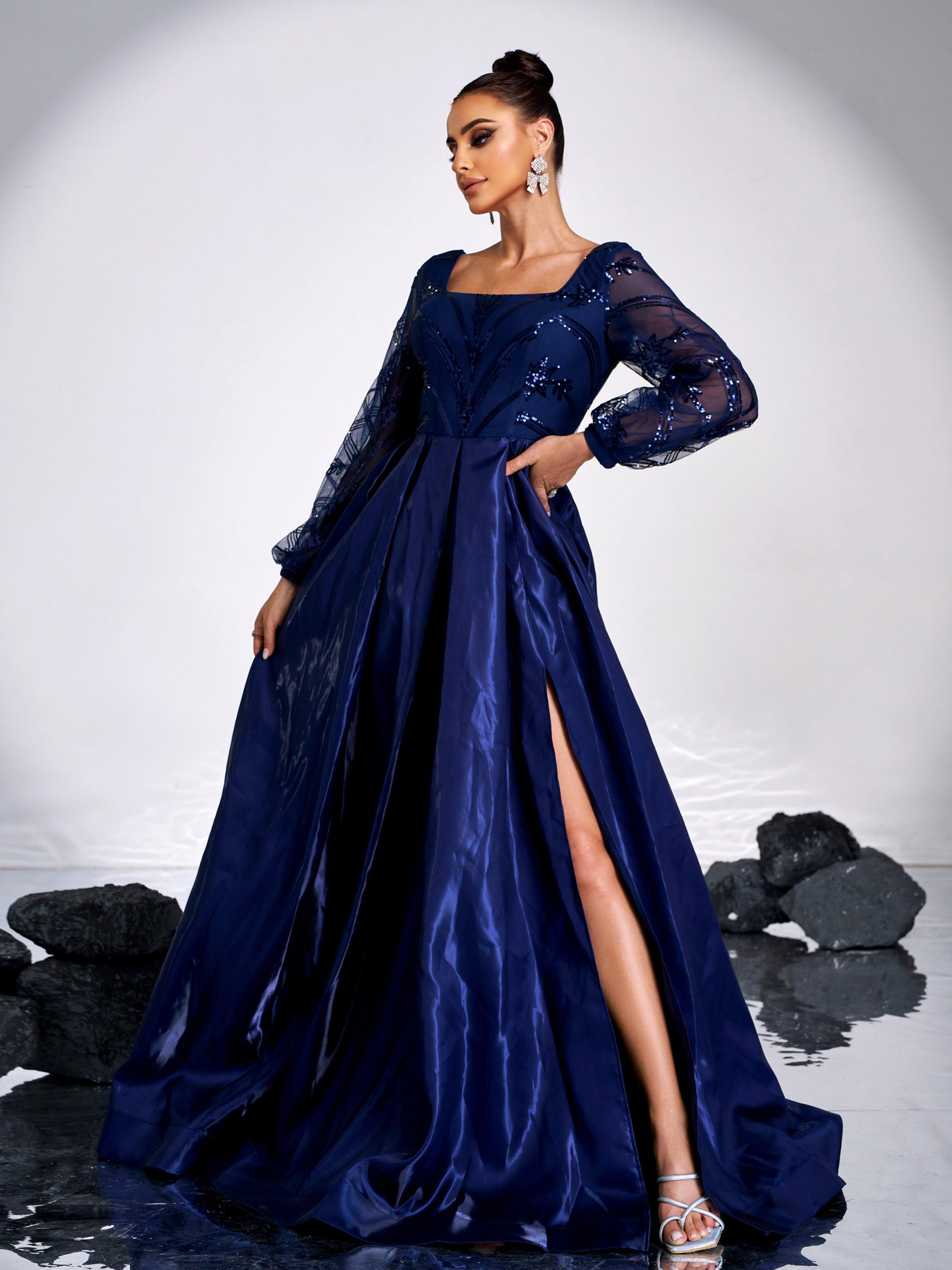 A-line Long Sleeve Blue Evening Dress