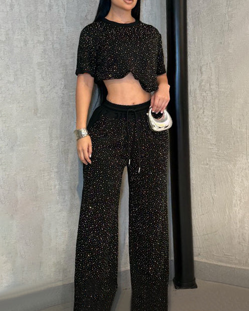 Sparkling Rhinestone Loose Casual 2-Piece Set