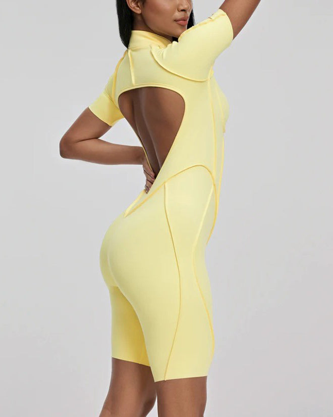 Short-Sleeved Zip-Up Striped Bodycon Jumpsuit