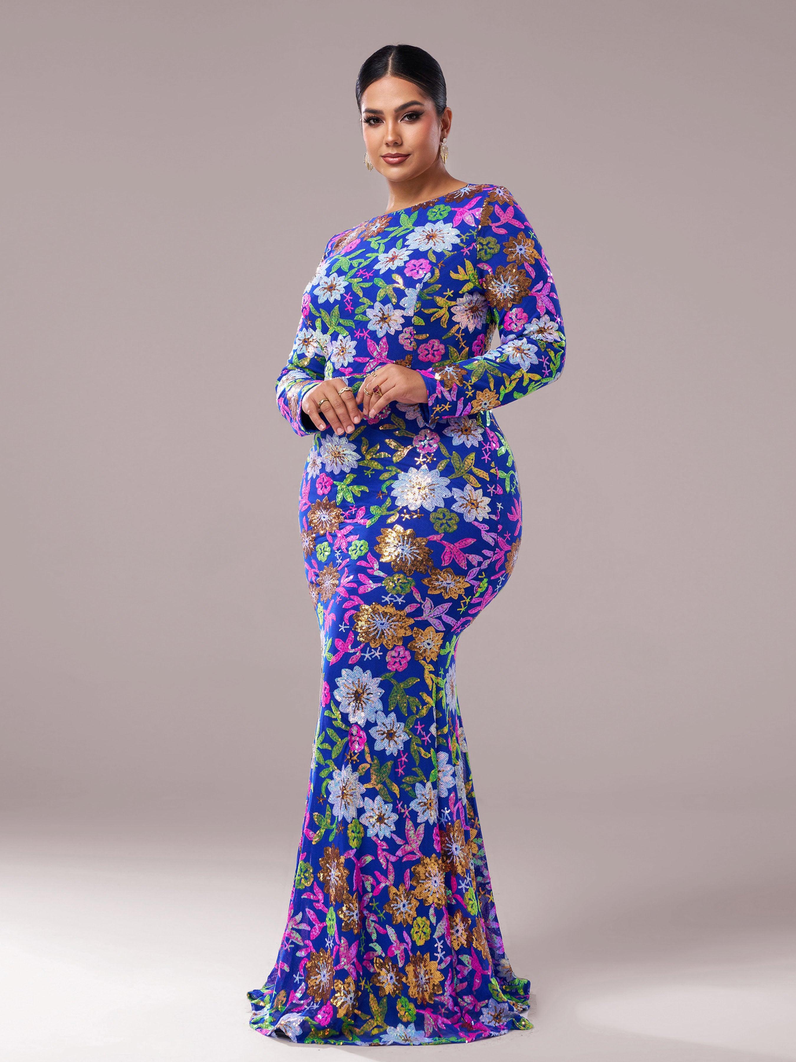 Plus Crew Neck Floral Sequin Dress
