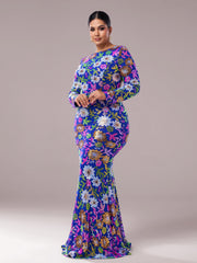 Plus Crew Neck Floral Sequin Dress