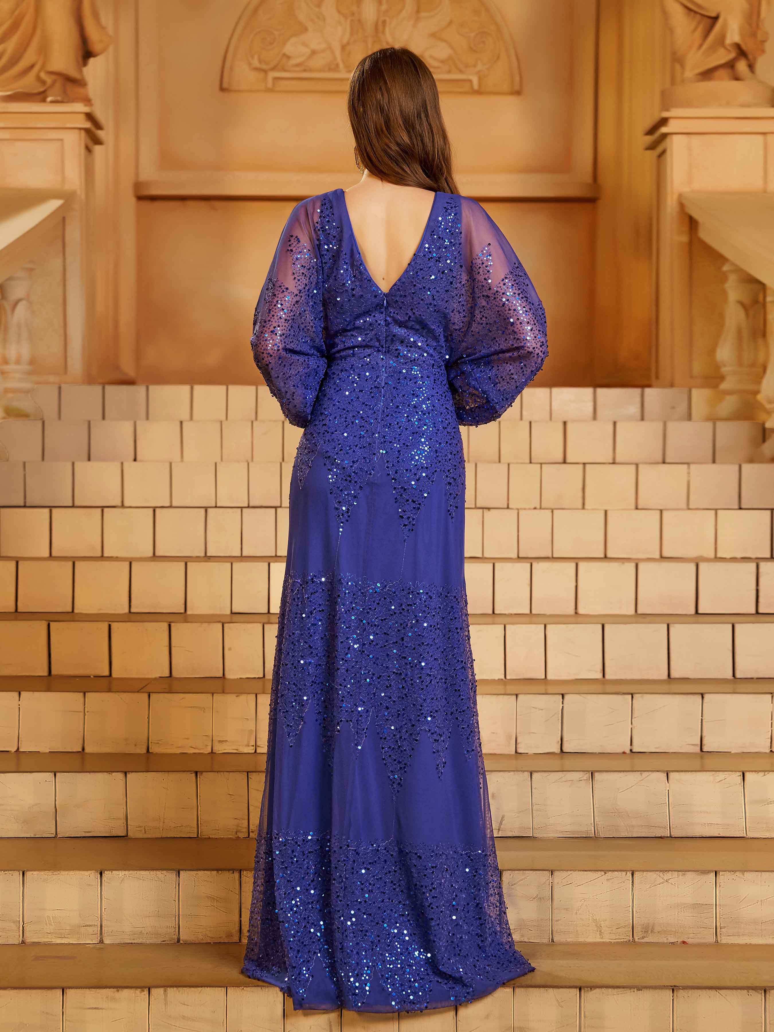 Blue V-neck Long Sleeve Sequin Prom Dress