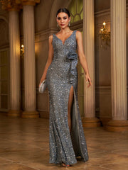Grey Double V Split Sequin Prom Dress