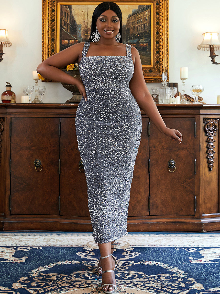 Plus Size Square Neck Sleeveless Sequin Midi Dress