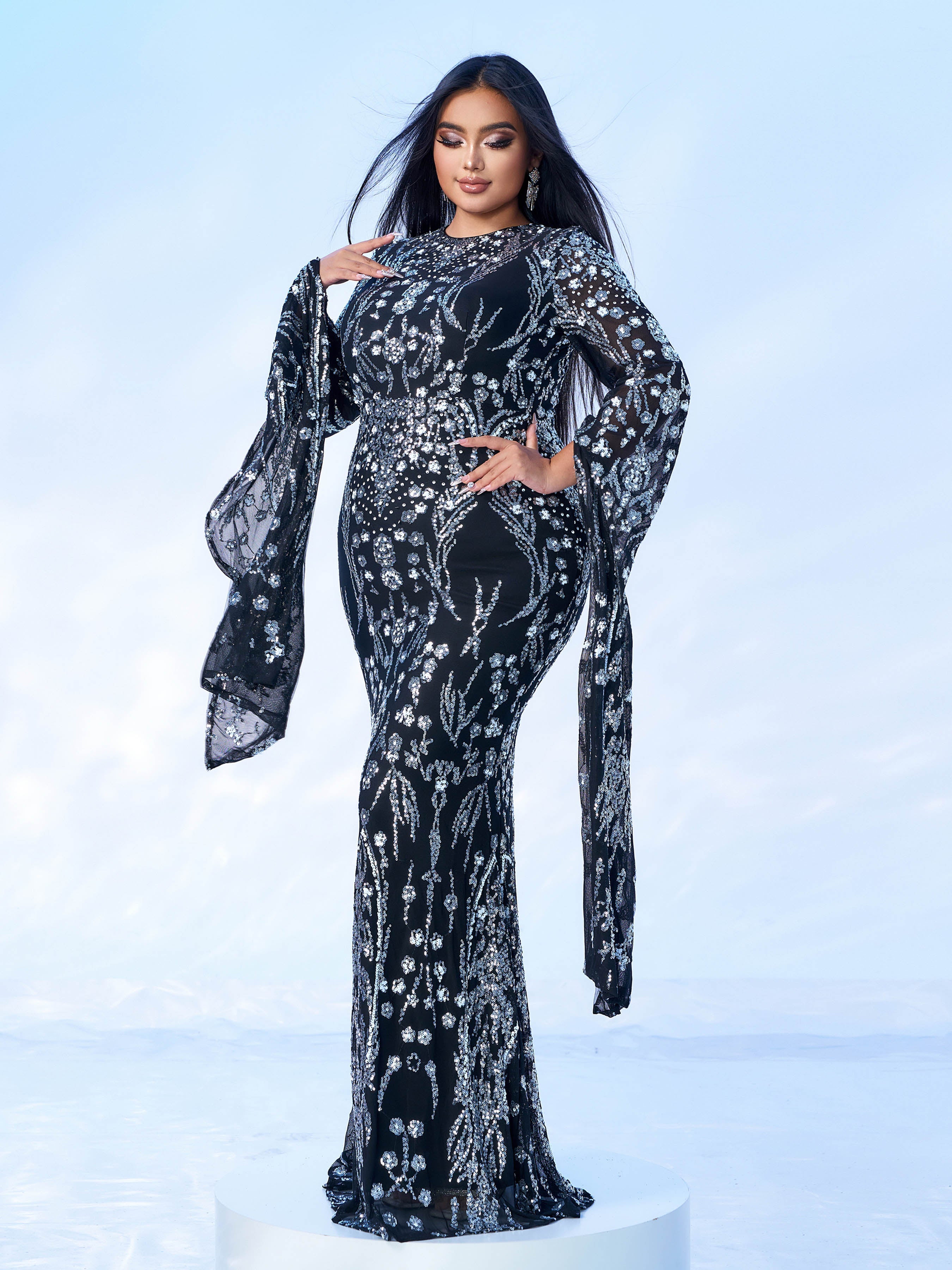 Plus Long Sleeve Mermaid Sequin Maxi Dress