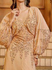 Apricot V-Neck Loose Sequin Prom Dress