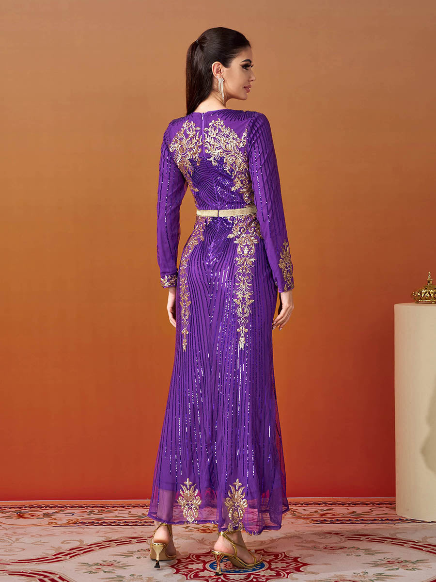 Long Sleeve Purple Sequin Dress