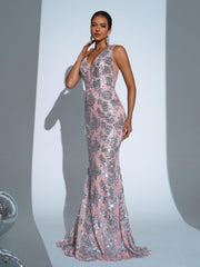 V-neck Floral Sequin Mermaid Dress