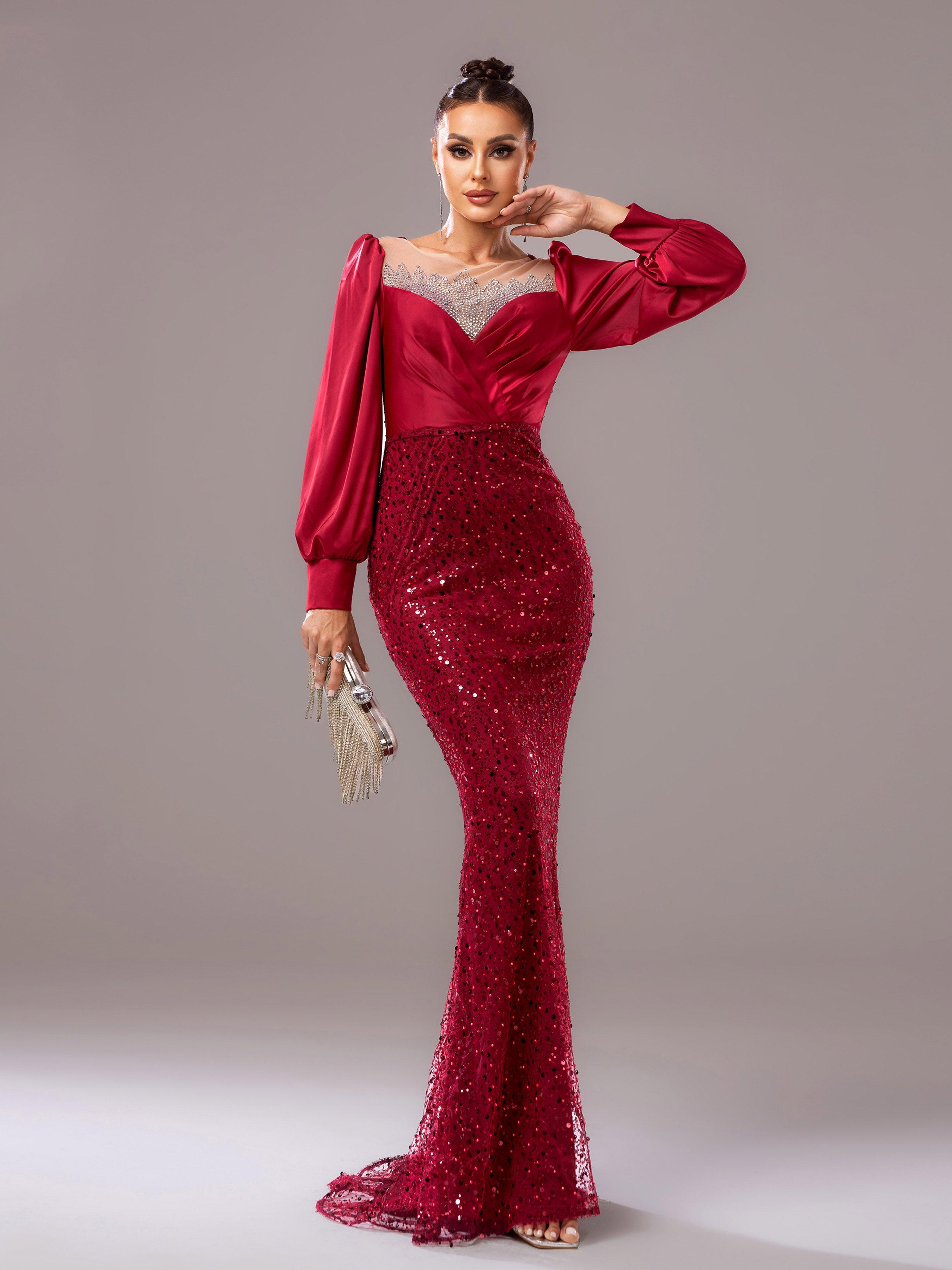 Red Panel Sequin Long Sleeve Mermaid Evening Dress
