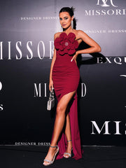 Strapless Appliqued Split Wedding Guest Dress