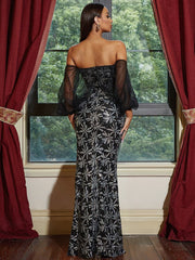 Strapless Mesh Lantern Sleeves Sequins Black Prom Dress