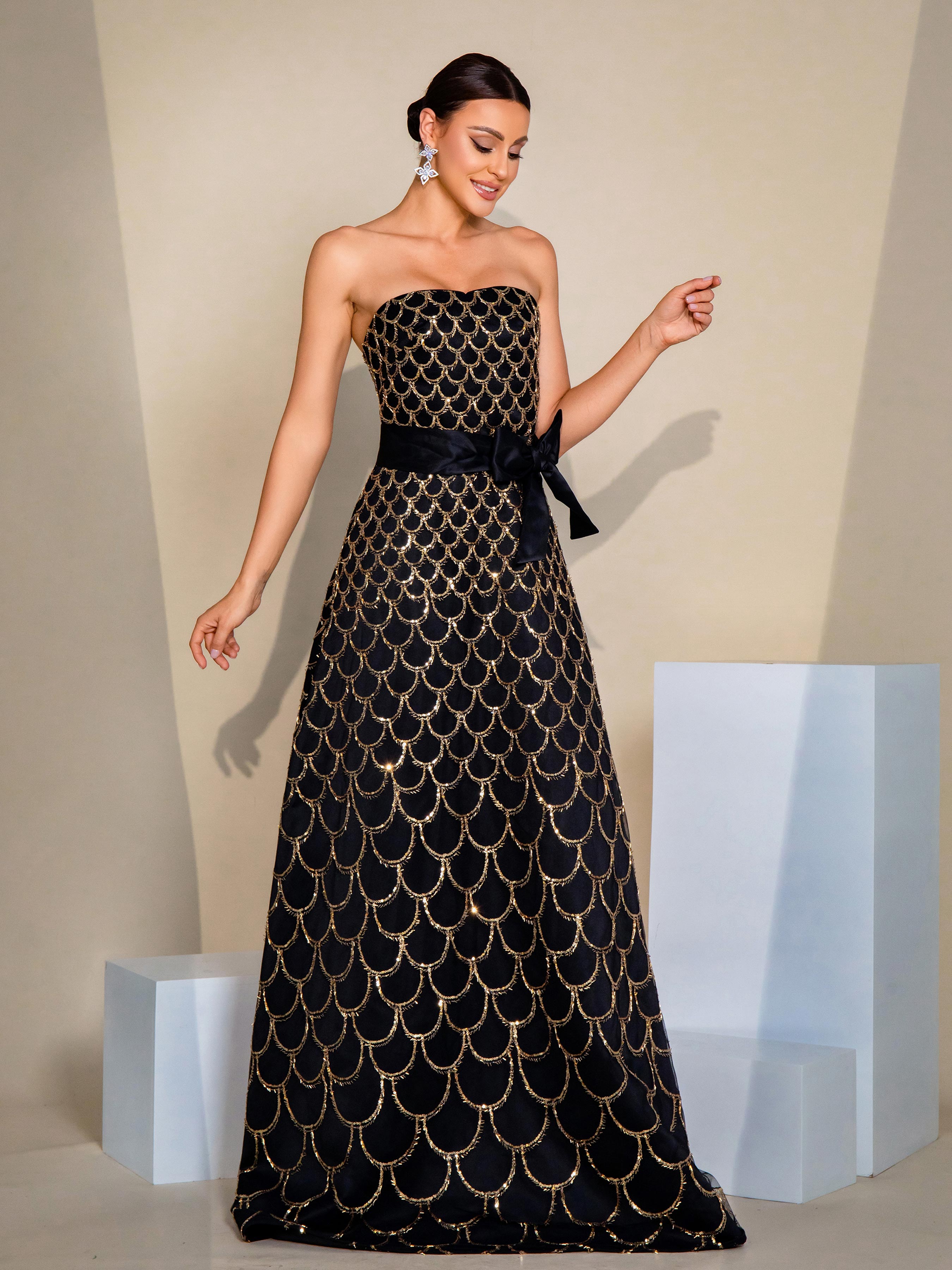 Fishscale Sequin Strapless A-line Dress