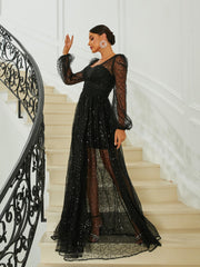 Lantern Sleeve Black Tulle Dress RA60074