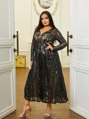 Plus V-neck Long Sleeve Sequin Dress