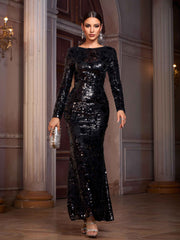 Classic Black Long Sleeve Sequin Prom Dress