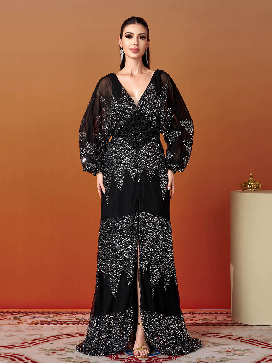 Lantern Sleeve V-Neck High Split Black Prom Dress