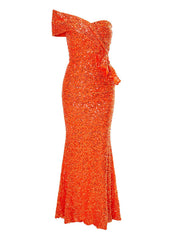 Ruffled Sequin One Shoulder Mermaid Dress