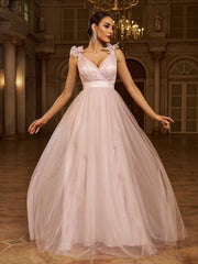 Elegant Pink Tulle Bow Shoulder Plunging V-Neck A-Line Evening Gown