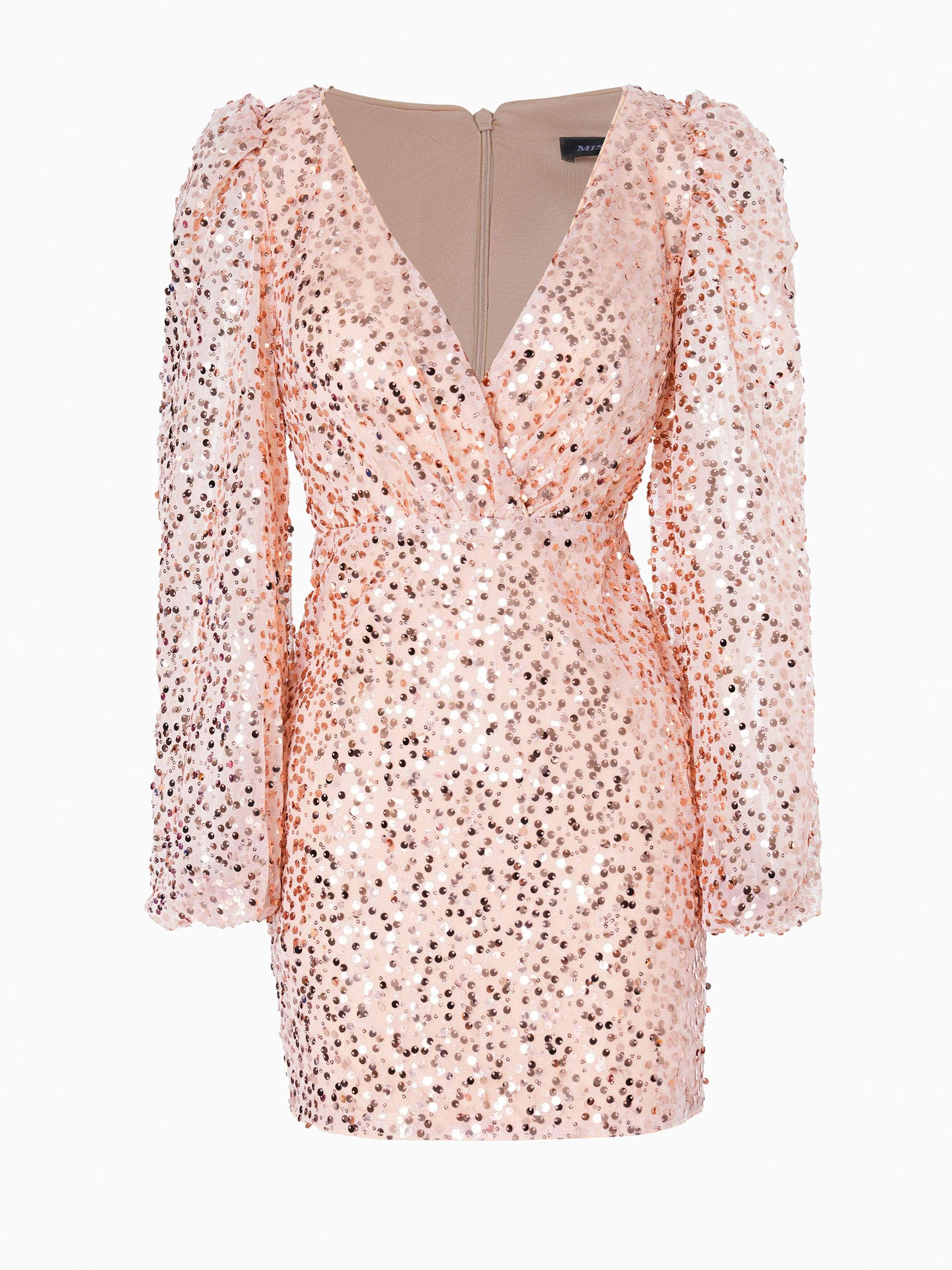 Lantern Sleeve V-neck Sequin Cocktail Dress