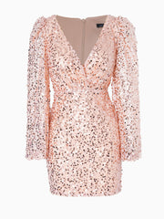 Lantern Sleeve V-neck Sequin Cocktail Dress