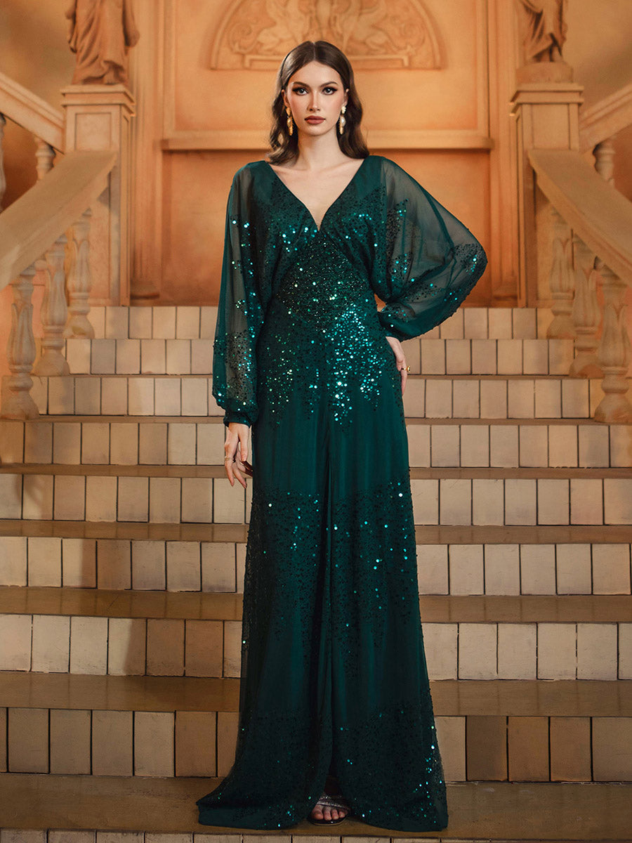 Lantern Sleeve V-Neck High Split Black Prom Dress