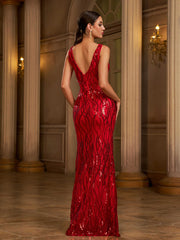 V-neck Split Sequin Maxi Prom Dress