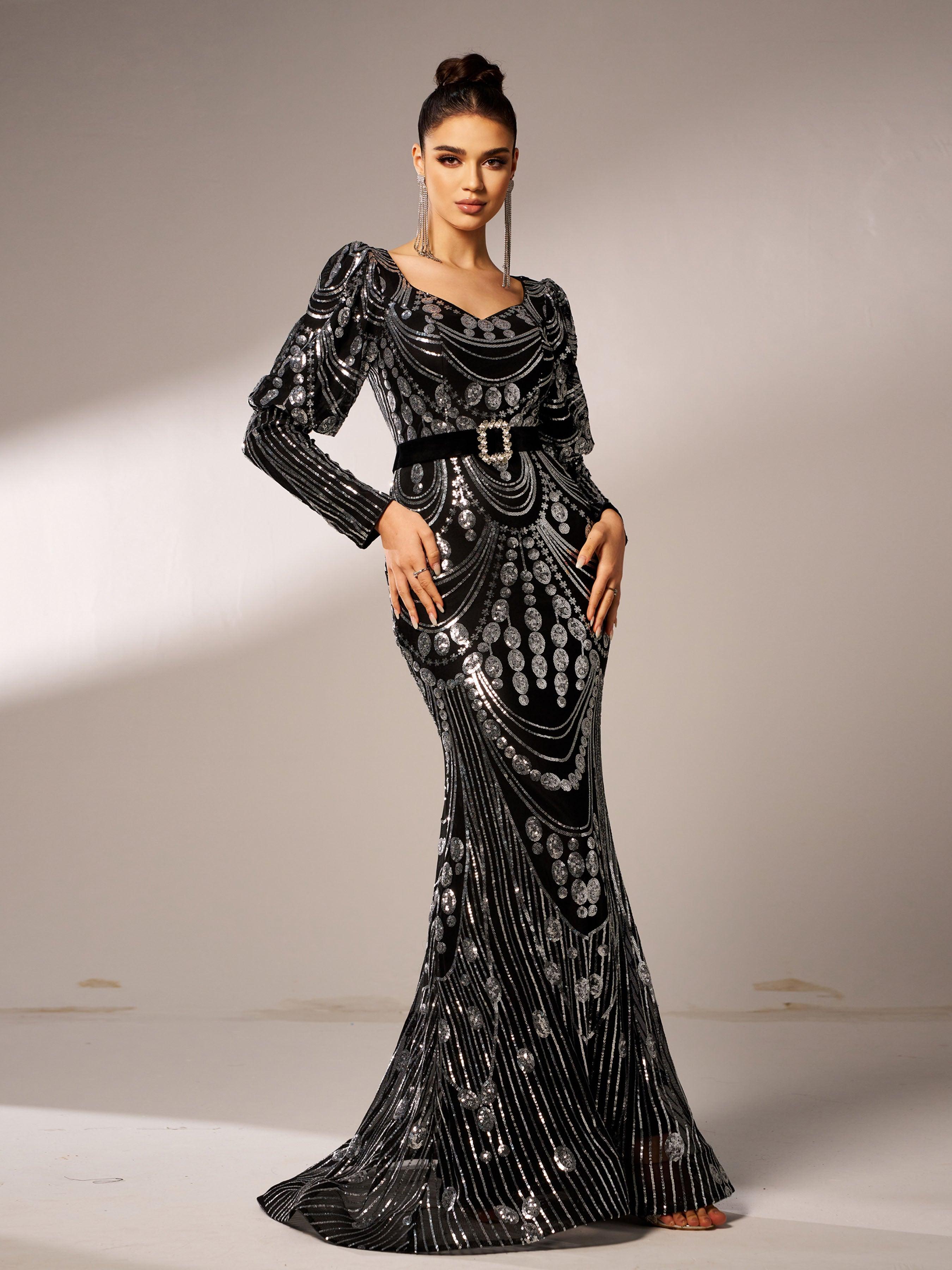 Black Long Sleeve Sequin V-neck Sress
