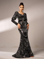 Black Long Sleeve Sequin V-neck Sress