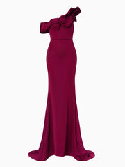 Ruffle Neck Floor Length Red Mermaid Prom Dress