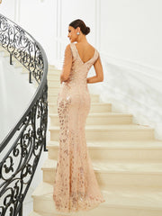 V Neck Sequin Bead Chain Mermaid Dress