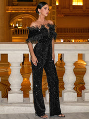 Off Shoulder Feather Jumpsuits