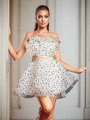 Strapless Polka Dot White Mesh Party Dress