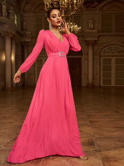 Formal V Neck A-Line Rose Red Chiffon Prom Dress
