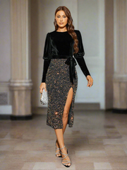 Lantern Sleeve Panel Sequin Midi Cocktail Dress
