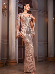 Champagne Sequin Maxi Evening Dress with Cape Sleeves and Beaded Tassel Trim