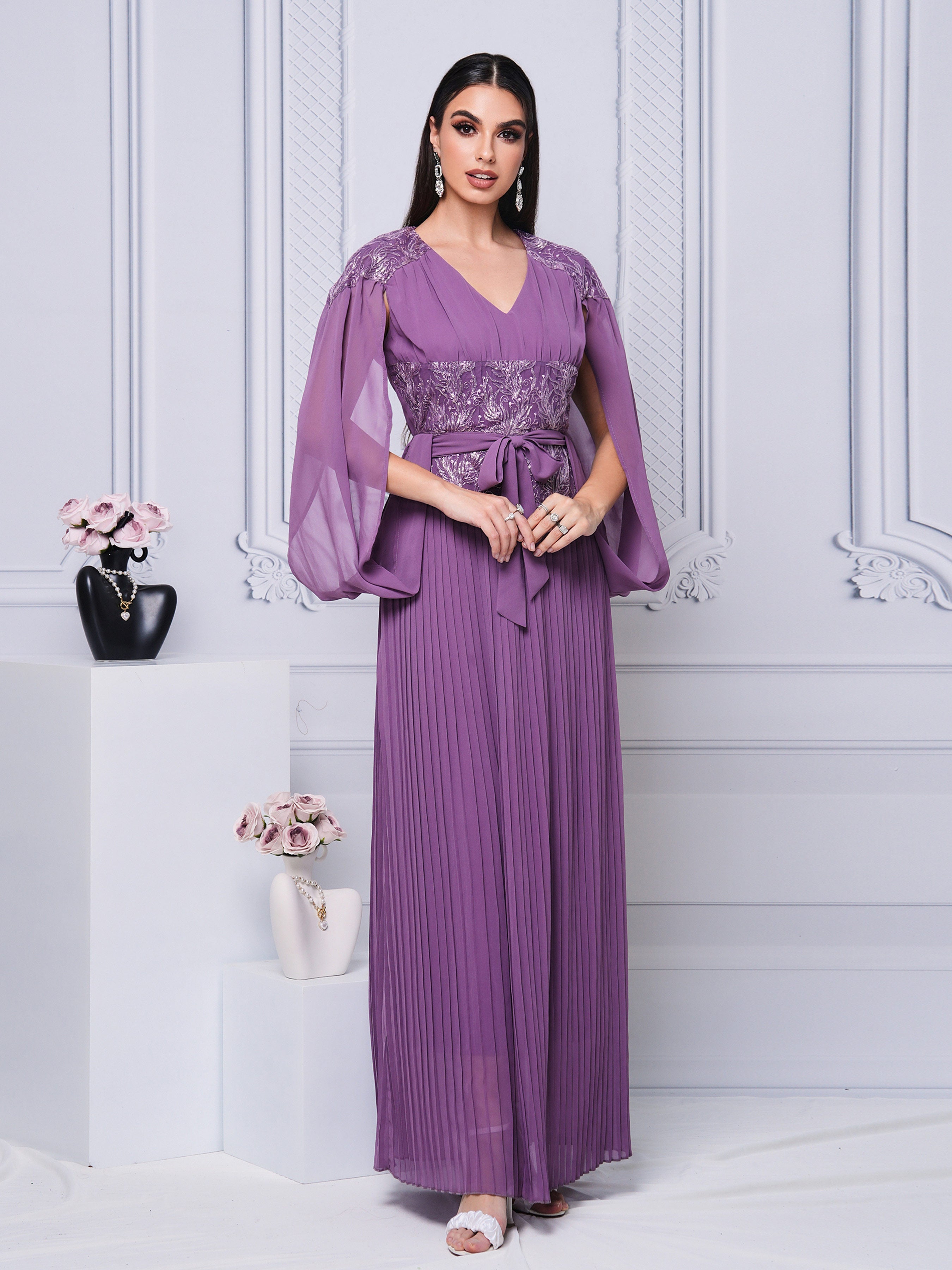 V-neck Panel Embodied Fold A-line Dress