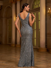 Grey Double V Split Sequin Prom Dress
