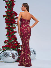 Spaghetti Straps Red Floral Sequin Dress