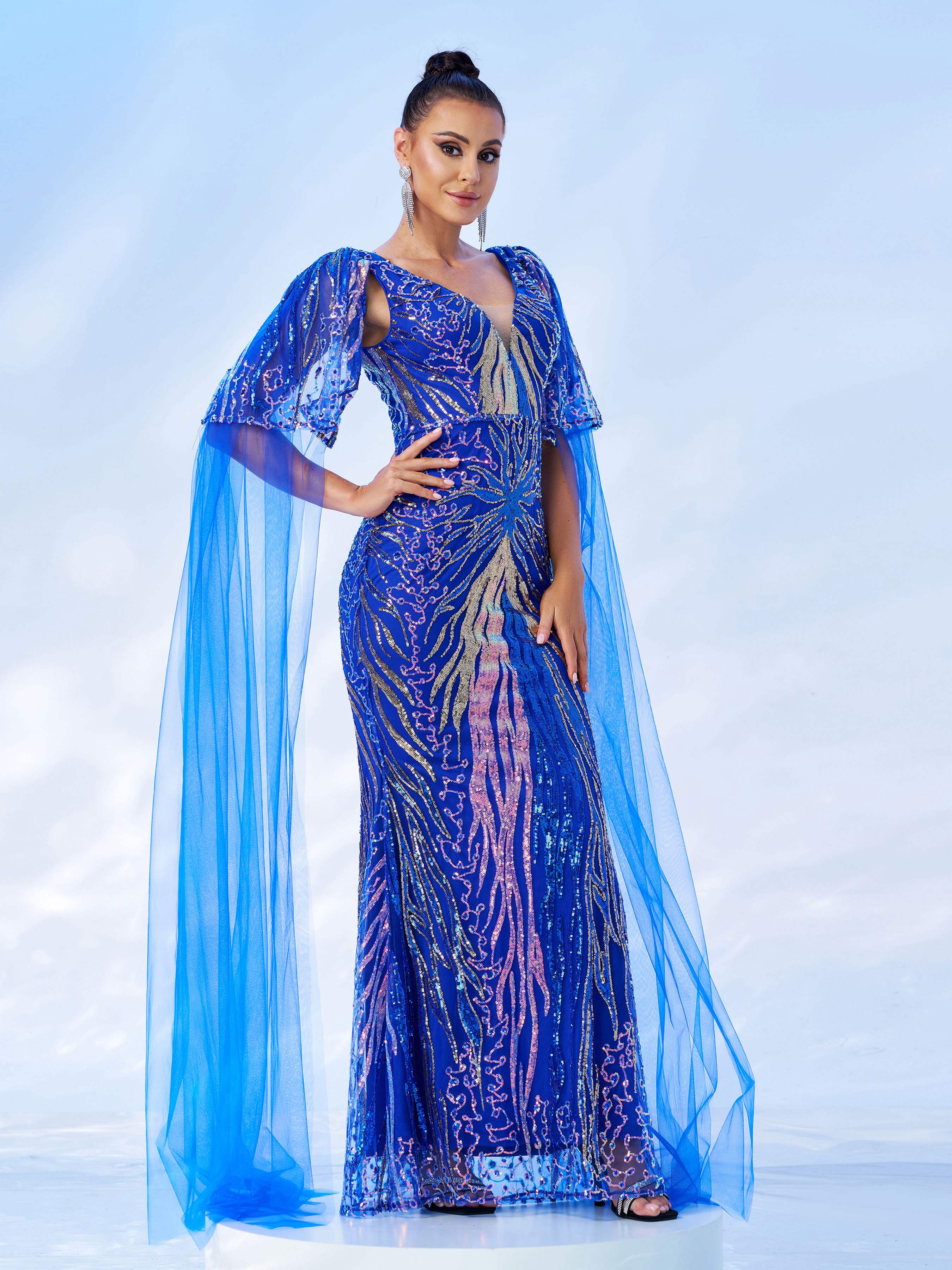 Mesh Sleeve Backless Sequin Mermaid Prom Dress