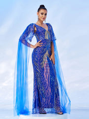Mesh Sleeve Backless Sequin Mermaid Prom Dress