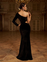 Cut Out Asymmetrical Black Velvet Formal Dress